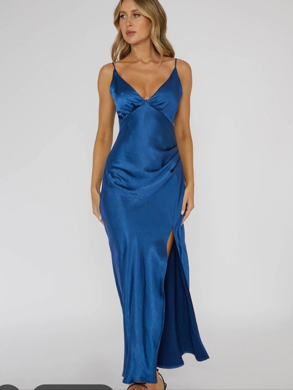NWT Selfie Leslie Marlie Side Pleat Maxi Dress Navy Satin Slip Small Bridesmaid